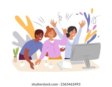 Happy business team, colleagues rejoicing success, achievement, victory, progress at work together. Good successful teamwork concept. Flat graphic vector illustration isolated on white background