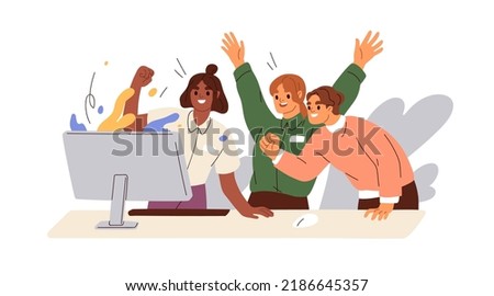 Happy business team, colleagues rejoicing success, achievement, victory, progress at work together. Good successful teamwork concept. Flat graphic vector illustration isolated on white background