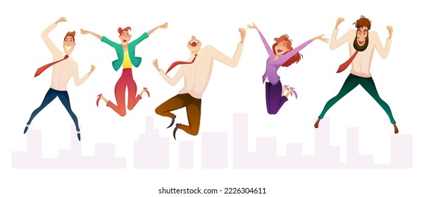 Happy business team. Concept of employee care, wellbeing at work or workplace, perks and benefits for personnel, support of professional growth. illustration for teamwork, corporate success concept