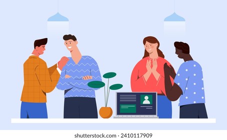 Happy business team concept. Men and women work at common project together. Collaboration and cooperation. Partners work at startup. Efficient office workflow. Cartoon flat vector illustration