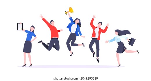 Happy Business Team Employee Winners Award Ceremony Flat Style Design Vector Illustration. Employee Recognition And Best Worker Competition Award Team Celebrating Victory Winner Business Concept.