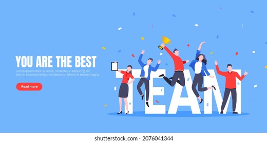 Happy business team employee winners award ceremony flat style design vector illustration. Employee recognition and best worker competition award team celebrating victory winner business concept.