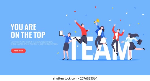 Happy business team employee winners award ceremony flat style design vector illustration. Employee recognition and best worker competition award team celebrating victory winner business concept.