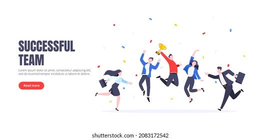 Happy business team employee winners award ceremony flat style design vector illustration. Employee recognition and best worker competition award team celebrating victory winner business concept.