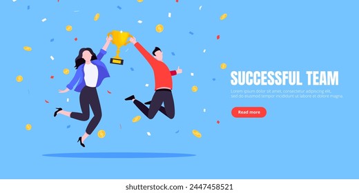 Happy business team employee winners award ceremony flat style design vector illustration. Employee recognition and best worker competition award team celebrating victory winner business concept.