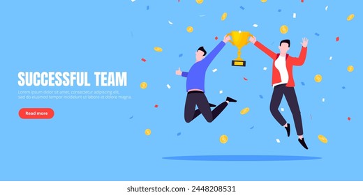 Happy business team employee winners award ceremony flat style design vector illustration. Employee recognition and best worker competition award team celebrating victory winner business concept.