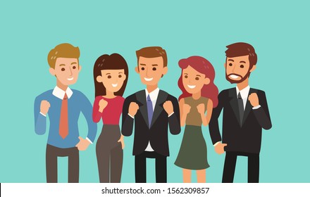 happy business team with fist up gesture. teamwork and togetherness concept cartoon illustration.