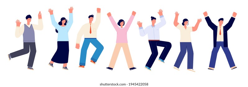 Happy business team. Fun friends, casual office people jump. Isolated corporate group jumping, funny flat male female celebrate utter vector characters