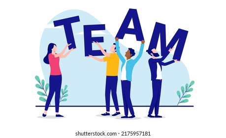 Happy business team - Group of people holding letters forming word. Teamwork concept, flat design vector illustration