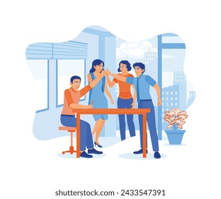 Happy business team high-fiving each other. Group of happy people celebrating success together inside the office. Celebration concept. Flat vector illustration.