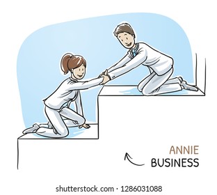 Happy business team, men and women, helping each other climbing stairs, concept of good teamwork. Hand drawn cartoon sketch vector illustration, whiteboard marker style coloring. 