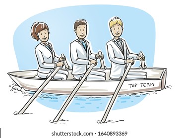 Happy business team, men and women, rowing a boat together, concept of good teamwork. Hand drawn cartoon sketch vector illustration, whiteboard marker style coloring. 