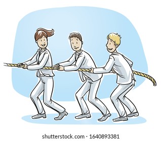 Happy business team, men and women, pulling a rope together, tug of war, concept of good teamwork. Hand drawn cartoon sketch vector illustration, whiteboard marker style coloring. 