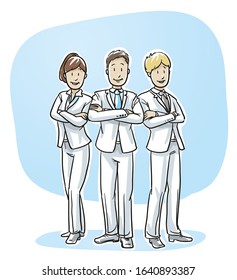 Happy business team, men and women, looking confident, concept of good teamwork. Hand drawn cartoon sketch vector illustration, whiteboard marker style coloring. 