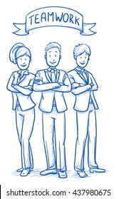 Happy business team, men and women, looking confident, concept of good teamwork. Hand drawn line art cartoon vector illustration.