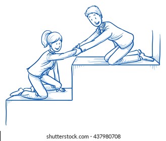 Happy business team, men and women, helping each other climbing stairs, concept of good teamwork. Hand drawn line art cartoon vector illustration.