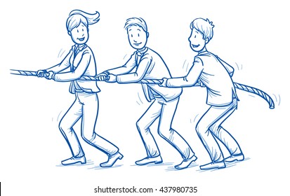 Happy Business Team, Men And Women,pulling A Rope Together, Tug Of War, Concept Of Good Teamwork. Hand Drawn Line Art Cartoon Vector Illustration.