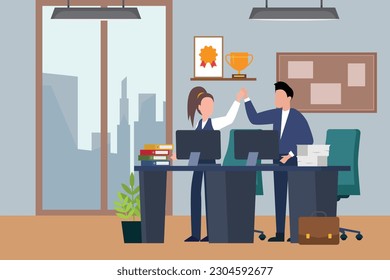 Happy business team in the office with trophy 2d vector illustration concept for banner, website, illustration, landing page, flyer, etc.