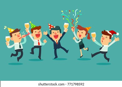 Happy business team in the party. Businessman and businesswoman raising champagne glasses celebrating in office party.