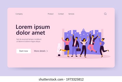 Happy business team people jumping celebrating success. Professional office job flat vector illustration. Victory, achievement concept for banner, website design or landing web page