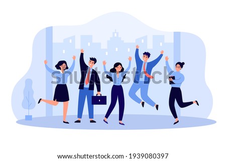 Happy business team people jumping celebrating success. Professional office job flat vector illustration. Victory, achievement concept for banner, website design or landing web page