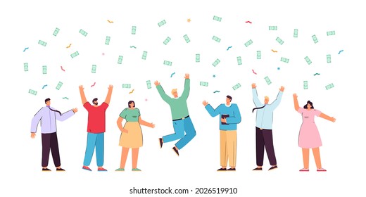 Happy Business Team Rejoicing With Money Falling From Above. Flat Vector Illustration. Men And Women Jumping And Catching Banknotes, Winning Lottery, Making Profit. Money, Profit, Income Concept