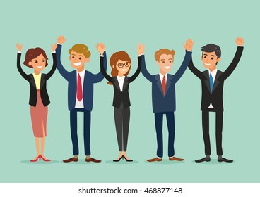 happy business team standing and holding hands together vector cartoon illustration