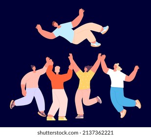 Happy business team toss leader up. Success and team building. Funny friends party, woman and man together. People celebrating win, vector concept