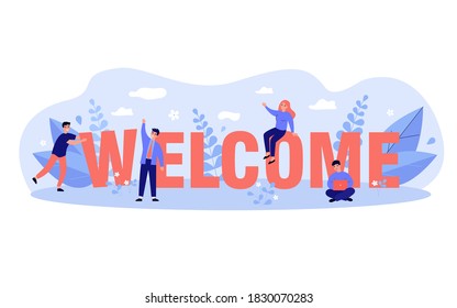 Happy business team welcoming new person to their company. Tiny people making greeting gesture and constructing word. Vector illustration for office welcome party, celebration concept