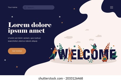 Happy business team welcoming new person to their company. Tiny people making greeting gesture and constructing word. Vector illustration for office welcome party, celebration concept