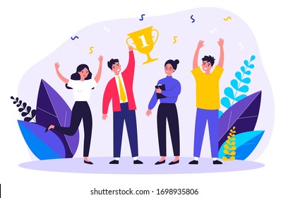 Happy Business Team Winning Prize. Winners Celebrating Achievement And Holding Trophy Cup. Vector Illustration For Teamwork, Award, Corporate Success Concept