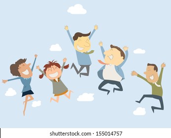 Happy business teamwork, men and women, jumping in the air. 