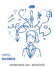 Happy business woman, with arrows and strategy icons, concept for planning, strategy, idea. Hand drawn line art cartoon vector illustration.