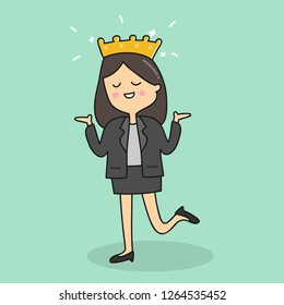 Happy business woman with crown. success business concept. cartoon vector illustration
