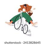 Happy business woman cycling, riding bicycle. Funny joyful female character on bike, fun and joy. Excited active energetic carefree postwoman. Flat vector illustration isolated on white background