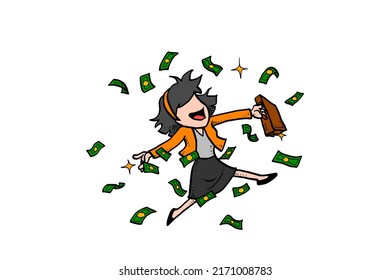 Happy business woman dancing under flying money. Concept of financial freedom. Cartoon vector design on isolated background