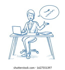 Happy business woman, employee at her desk with laptop, tablet and smart phone, with climbing stairs icon in thought bubble.  Hand drawn blue line art cartoon vector illustration