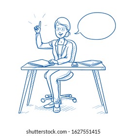 Happy business woman, employee at her desk with closed laptop, raising hand, inviting to e.g. click button. For end of presentation or website.  Hand drawn line art cartoon vector illustration