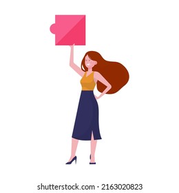 Happy business woman enjoying office party. Team connecting puzzle pieces flat vector illustration. Teamwork, celebration, unity concept for banner