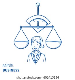 Happy business woman, with even scales. Concept for balance, optimum. Hand drawn line art cartoon vector illustration.