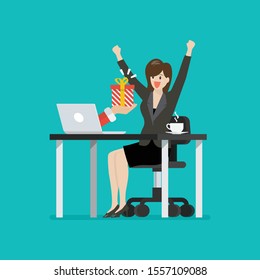 Happy Business Woman Getting Gift Box From Her Laptop. Vector Illustration