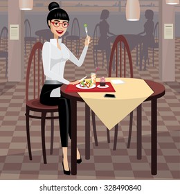 Happy business woman having lunch in cafeteria