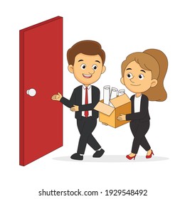 Happy business woman with her things and going into new office