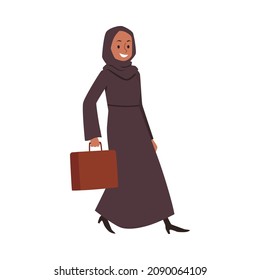 Happy business woman with hijab and briefcase, flat vector illustration isolated on white background. Cartoon muslim character goes to the work in the office.