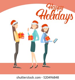 Happy Business Woman Hold Present Box Gift Merry Christmas And Happy New Year Flat Vector Illustration