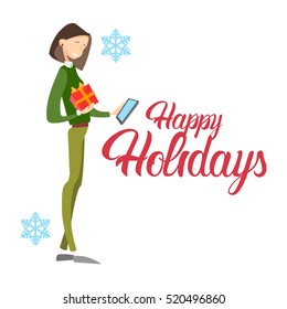 Happy Business Woman Hold Present Box Messaging Online Cell Phone Merry Christmas And Happy New Year Flat Vector Illustration