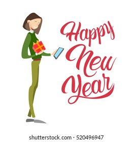 Happy Business Woman Hold Present Box Messaging Online Cell Phone Merry Christmas And Happy New Year Flat Vector Illustration