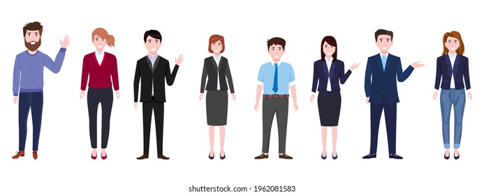 Happy business woman and man  characters team standing wearing business outfits isolated and waving
