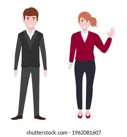 Happy business woman and man  characters standing wearing business outfits isolated and waving