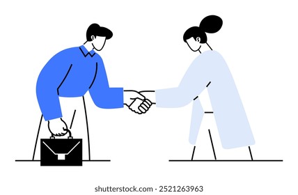 Feliz empresário gerente handshaking cliente. Executiva feminina fazendo acordo bem-sucedido com parceiro apertando a mão no trabalho em pé